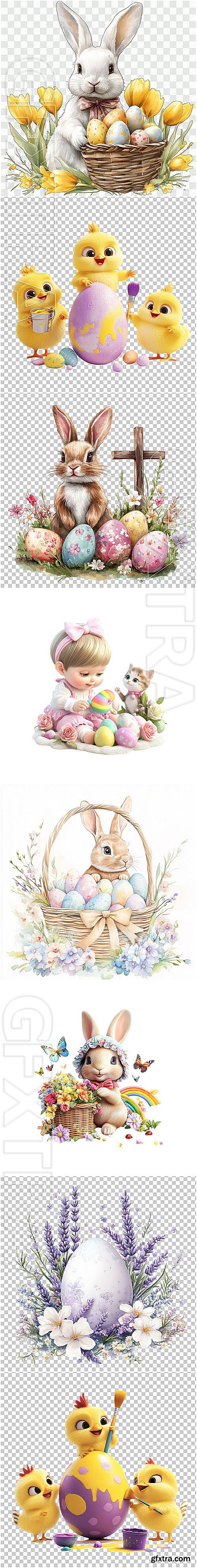 Easter set, cute rabbit, Easter eggs, spring blossoms - psd design template