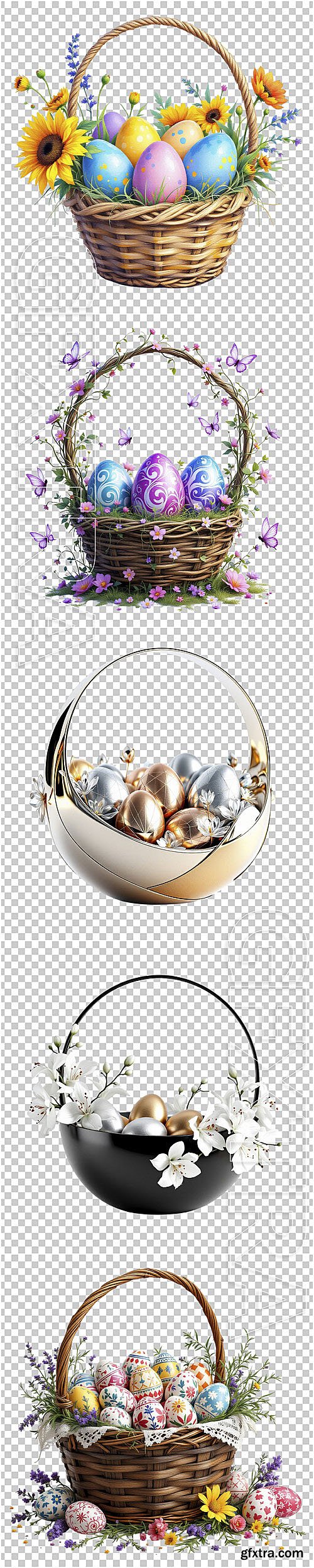 Easter baskets with Easter eggs, rabbit and flowers - psd design templates