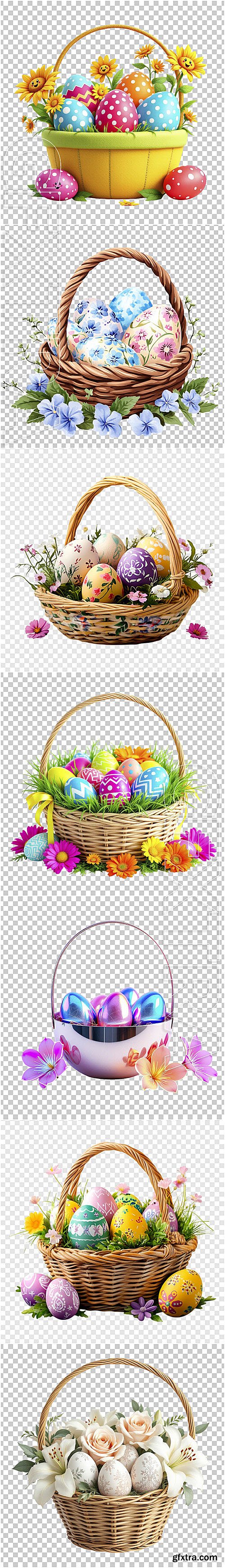 Easter baskets with Easter eggs, rabbit and flowers - psd design templates