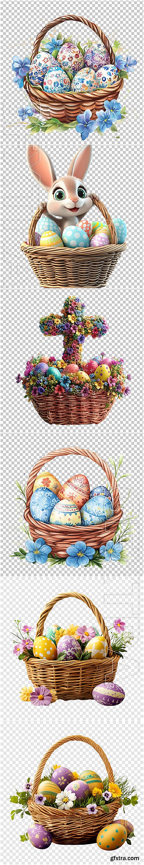 Easter baskets with Easter eggs, rabbit and flowers - psd design templates