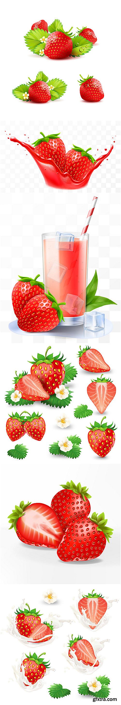 Strawberry vector collection- strawberries in milk, strawberries with ice, strawberries in splashes of water, strawberry flowers