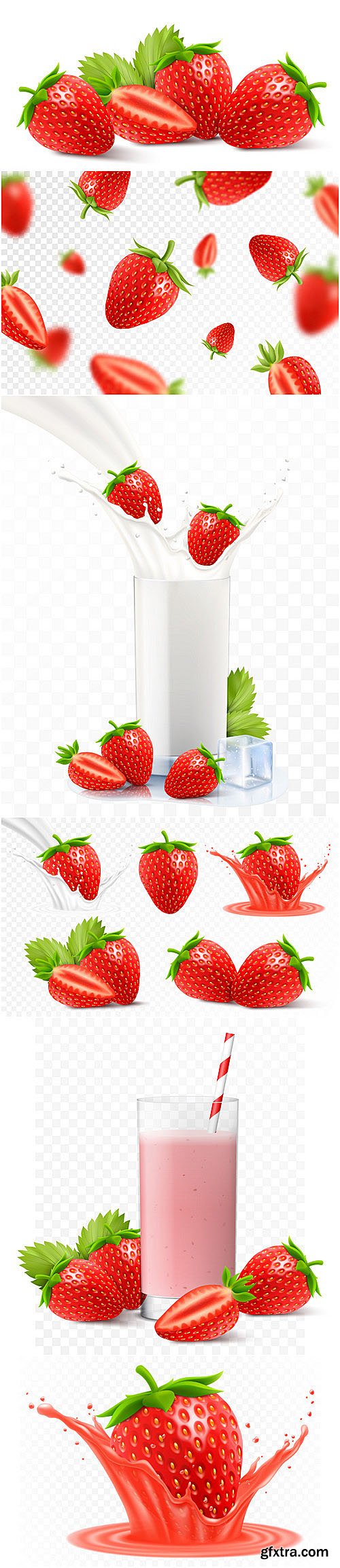 Strawberry vector collection- strawberries in milk, strawberries with ice, strawberries in splashes of water, strawberry flowers