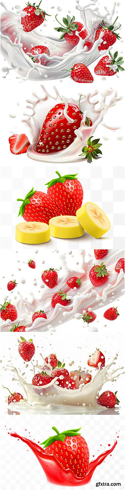 Strawberry vector collection- strawberries in milk, strawberries with ice, strawberries in splashes of water, strawberry flowers