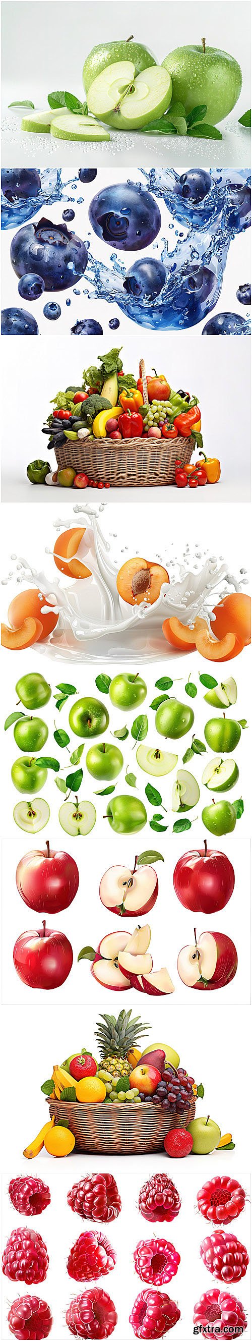 Berries, fruits vector collection - raspberry, strawberry, peach, watermelon, blueberry, banana, apple, cherry, grapes, pineapple, apricot