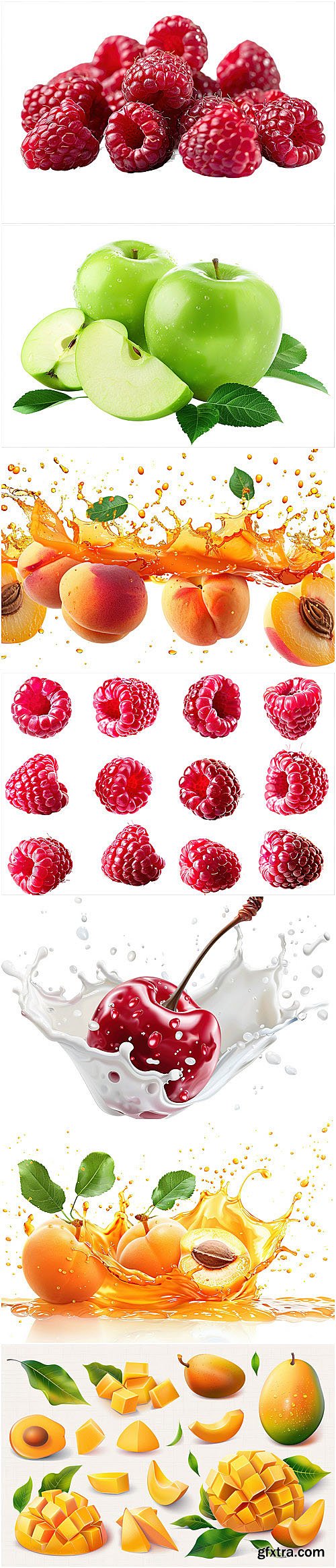 Berries, fruits vector collection - raspberry, strawberry, peach, watermelon, blueberry, banana, apple, cherry, grapes, pineapple, apricot