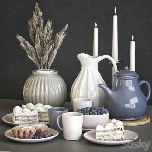 '3dsky Pro - A set of dishes IKEA with cake, muffins and dried flowers'