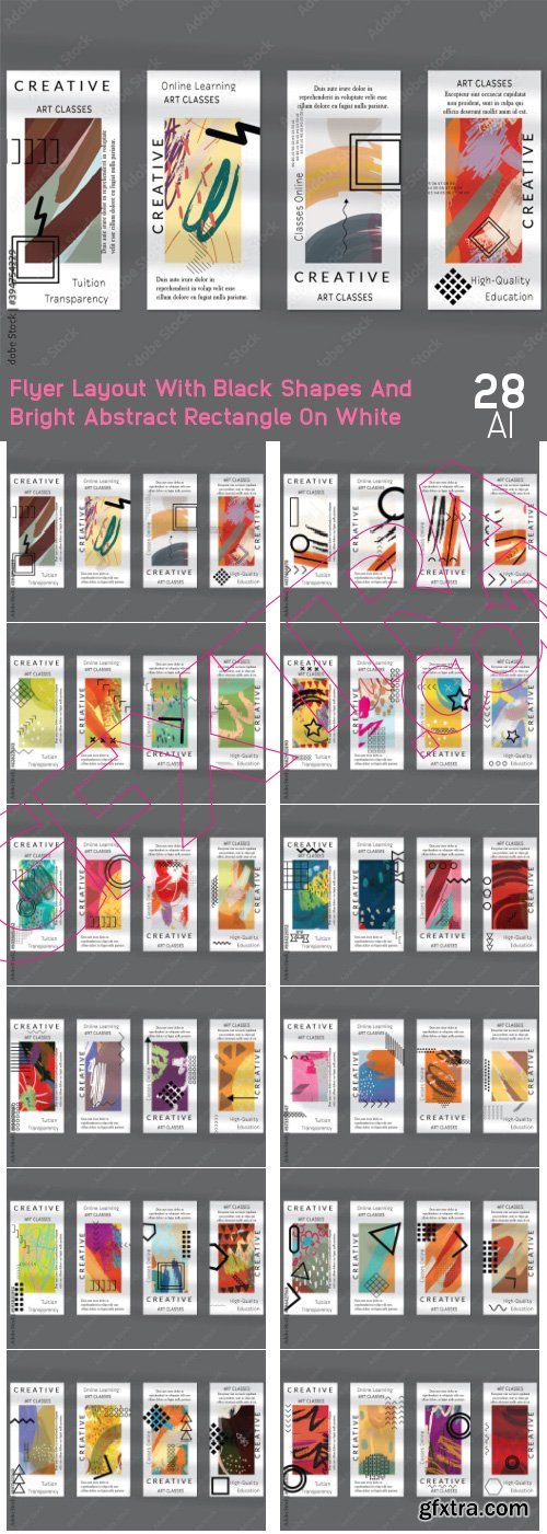 Flyer Layout With Black Shapes And Bright Abstract Rectangle On White 28xAI