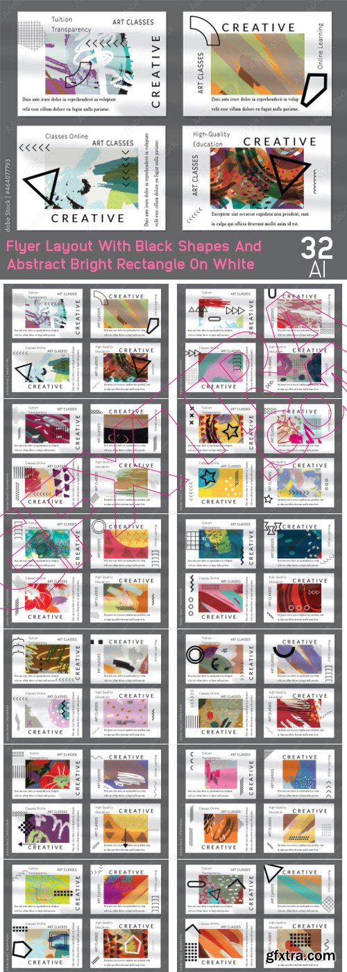 Flyer Layout With Black Shapes And Abstract Bright Rectangle On White 32xAI