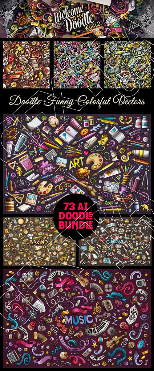 Doodle Funny Colorful Vectors BUNDLE 73xAI