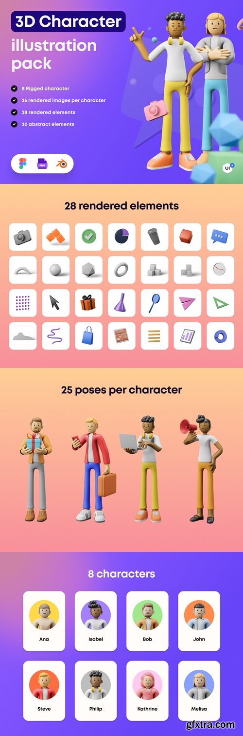3D Character Pack Illustration & 3D Elements object Ui8.net