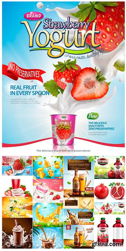 3D Vector Illustration with Fruits, Drinks and Yogurt 27xEPS