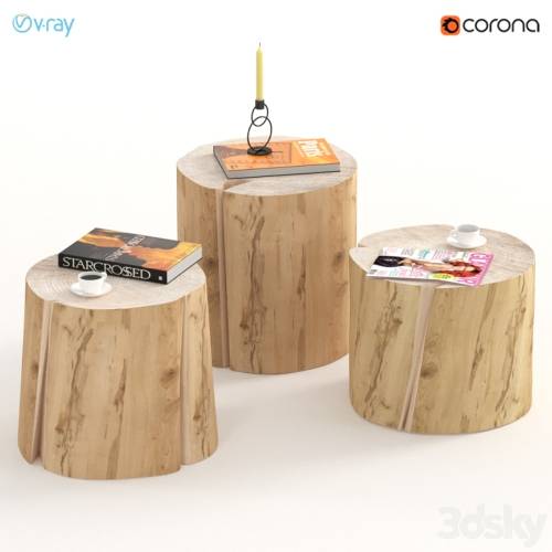 '3dsky Pro - 3 coffee tables of stumps with decor.'