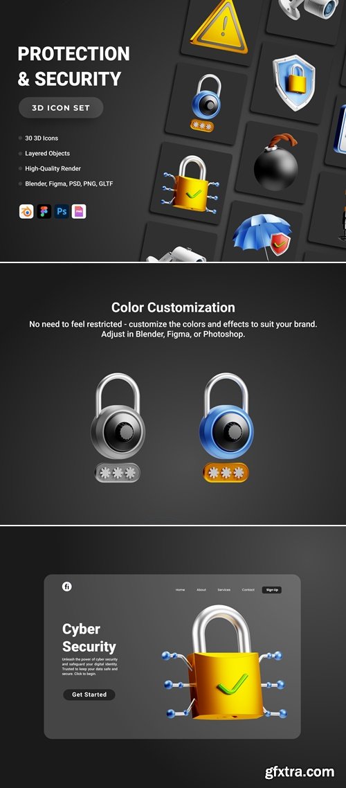 30 3D Protection and Security Icon Set Ui8.net