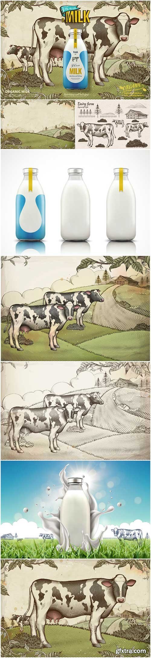 Farm Fresh Milk Retro Engraved Farmland &amp; Dairy Cattle 8xEPS