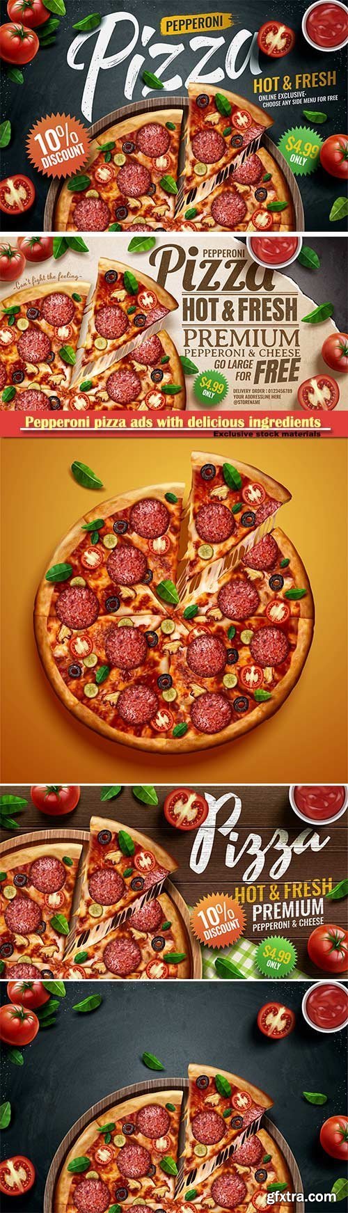 Pepperoni Pizza Ads with Delicious Ingredients on Chalkboard 5xEPS