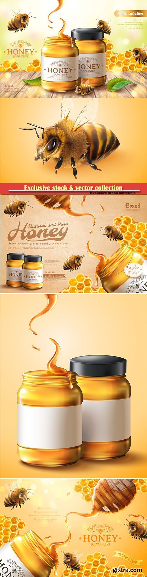 Pure Honey Ads with Bees & Honeycomb 6xEPS
