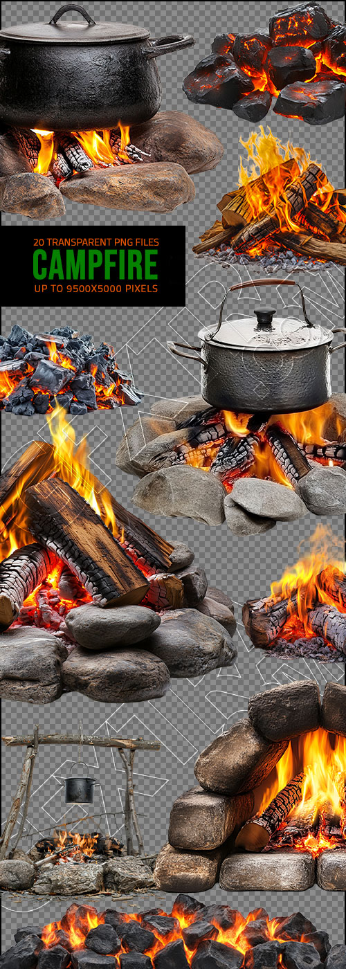 20 CAMPFIRES IN TRANSPATENT PNG