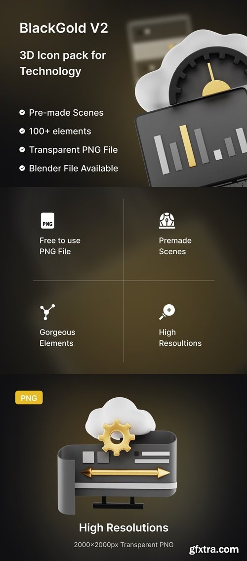 BlackGold Vol2 - Technology 3D Icon Pack Ui8.net