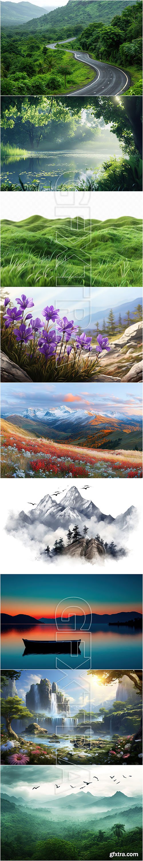 Nature, beautiful landscapes, fields, mountains, waterfalls, sky, flowers and plants - vector collection