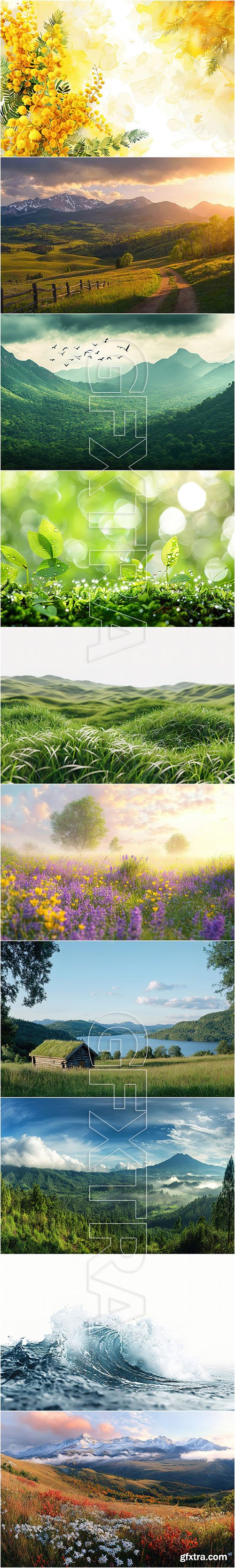 Nature, beautiful landscapes, fields, mountains, waterfalls, sky, flowers and plants - vector collection