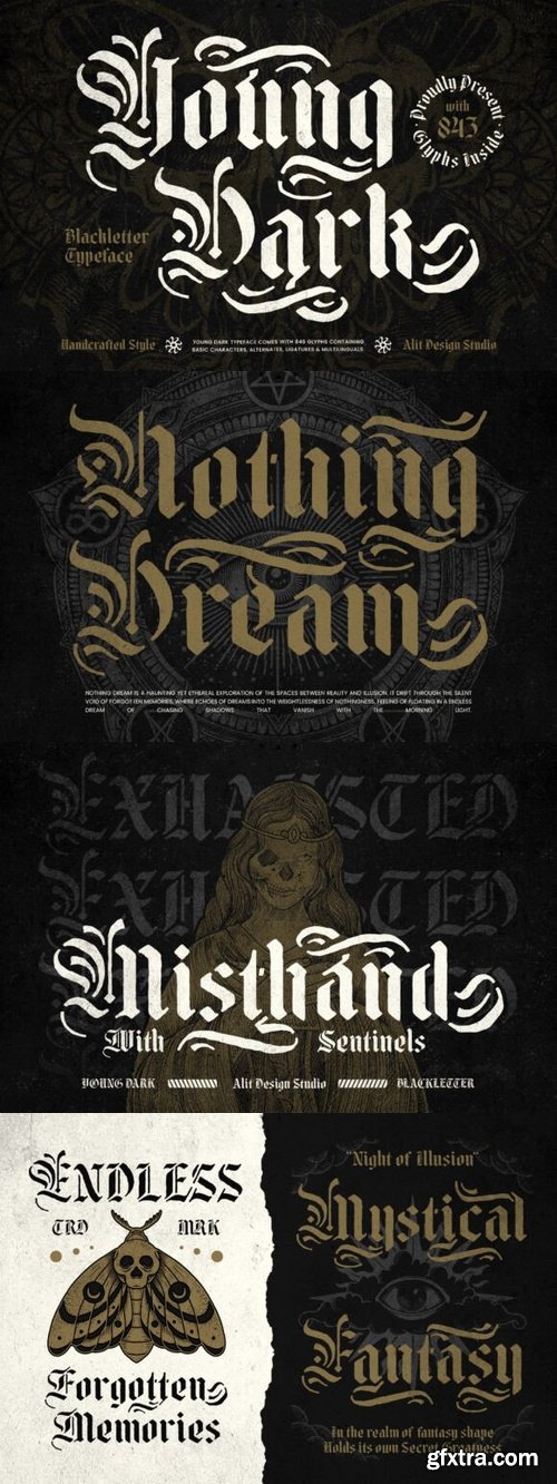 Young Dark Typeface: Bold Blackletter Stencil Font