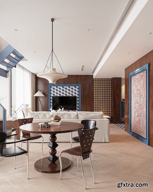 3ds Max Living Room - Kitchen Interior Scene