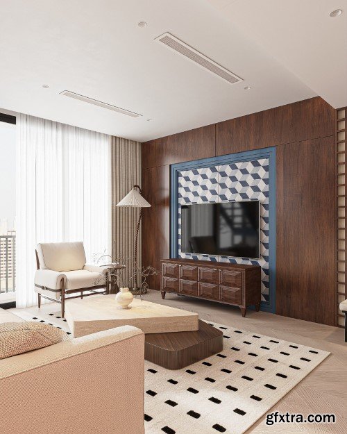 3ds Max Living Room - Kitchen Interior Scene