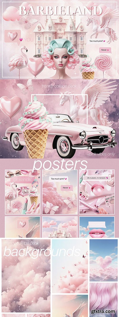 CreativeMarket - BARBIELAND pink graphic collage pack - 31380117