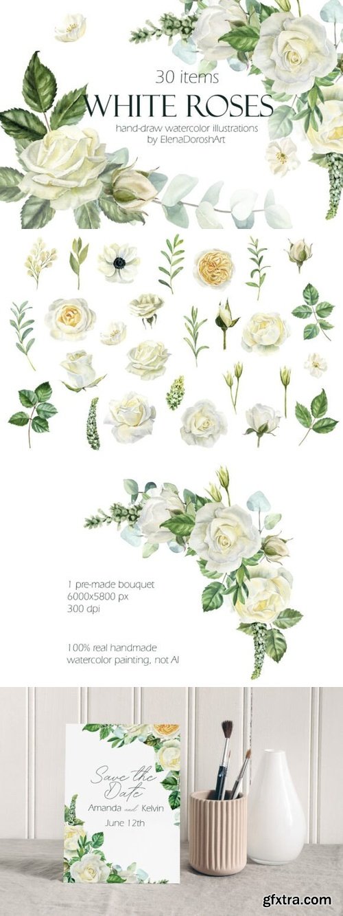 Watercolor White Roses with Greenery Set