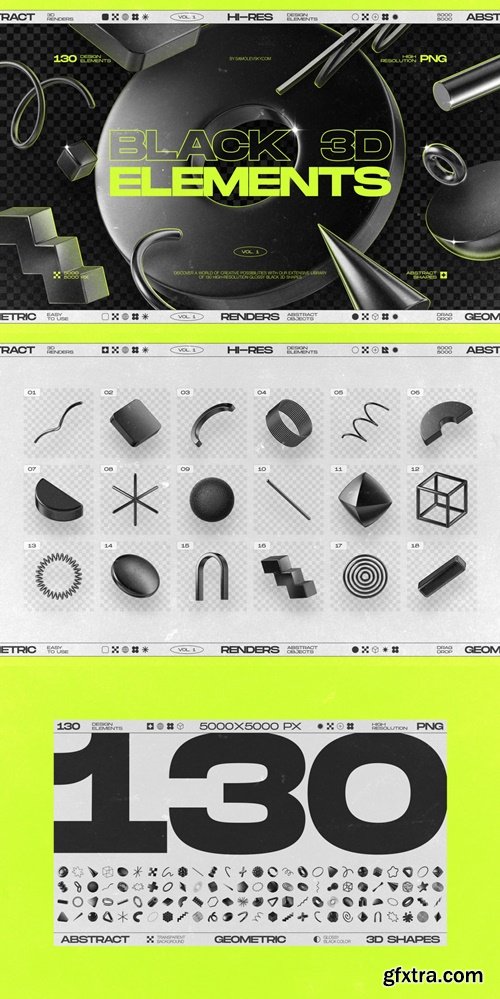 Artstation - 130 Black 3D Elements Collection Vol.1