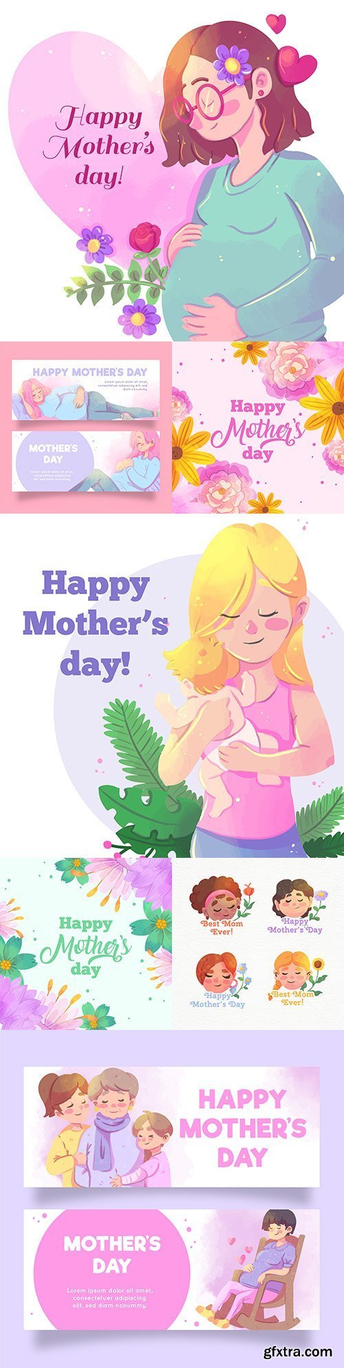 Mother's Day Watercolor Design of Woman with Child 7xEPS