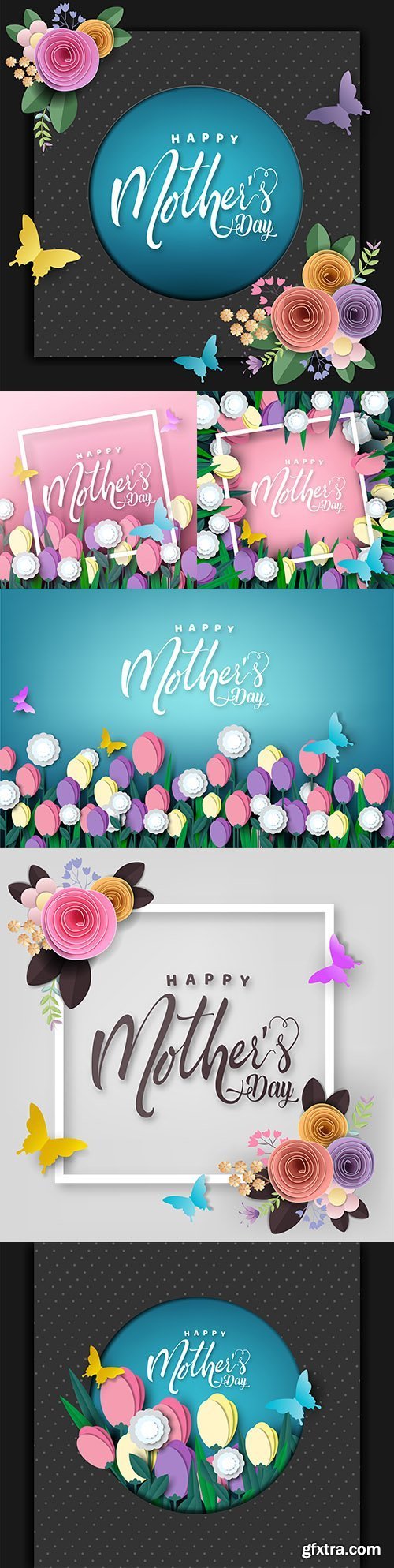 Mother's Day Card Design Butterfly Paper Flowers 6xEPS