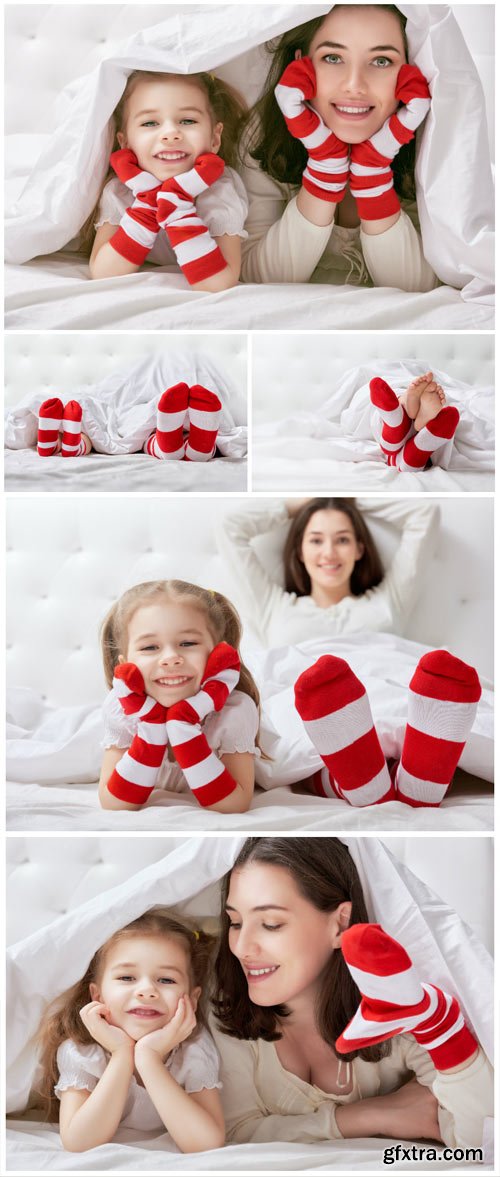 Cheerful Little Daughter and Mom on Bed 5xJPG