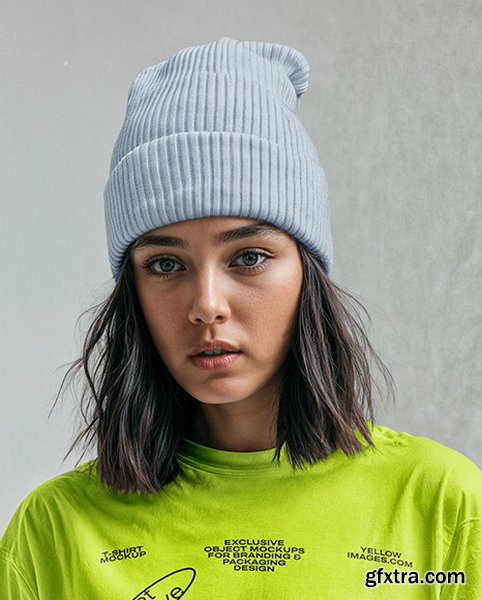 YellowImages - Woman Wearing T-Shirt and Beanie Mockup - 134967