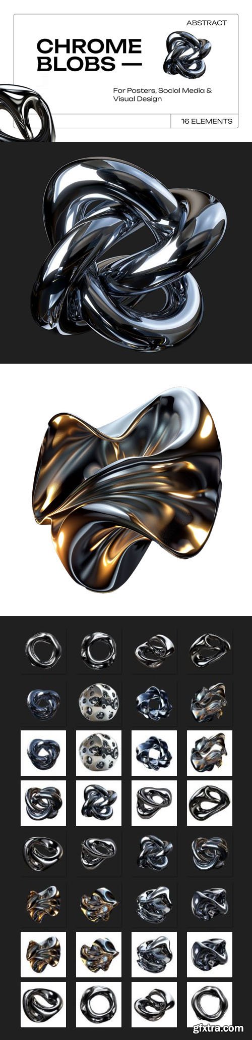 Chrome Blobs - 16 Isolated 3D Chrome Shapes