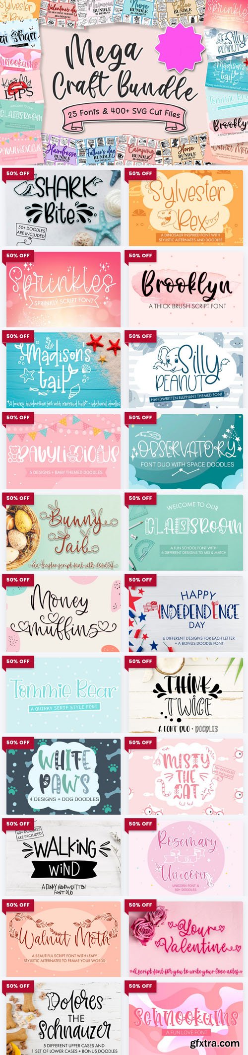 Mega Craft Bundle - 23 Premium Fonts & 20 Premium Graphics