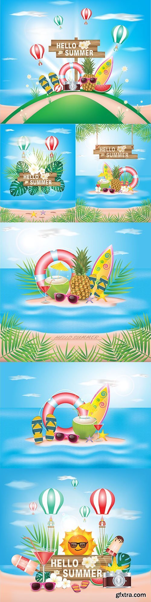 Hello Summer Holiday with Flower on Blue Ocean 7xEPS