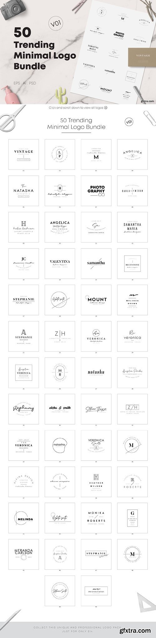 CreativeMarket - 50 Trending Minimal Logo Bundle V01 3567383