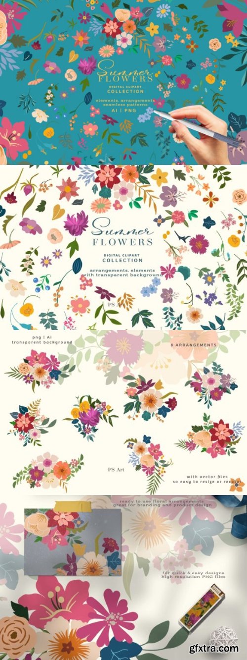 Summer Flowers Clipart and Pattern Set 27307117