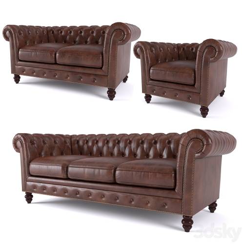 '3dsky Pro - Brooklyn Chesterfield Leather Sofa and Loveseat and Armchair'
