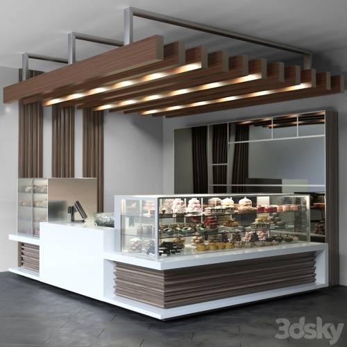 '3dsky Pro - Design project of a coffee point with a confectionery showcase and desserts. Cafe'