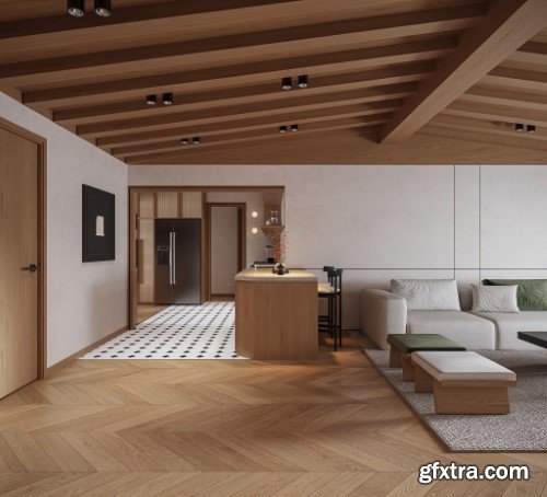 Living Room - Kitchen Interior Scene 04