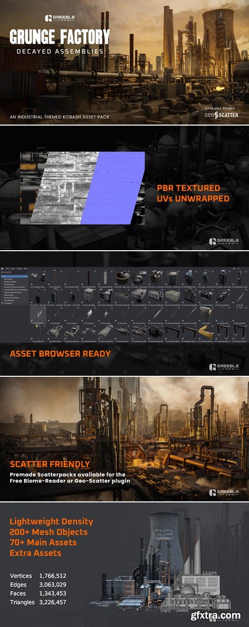 Superhivemarket - Grunge Factory Decayed Assemblies - Industrial Kitbash Greeble Assets