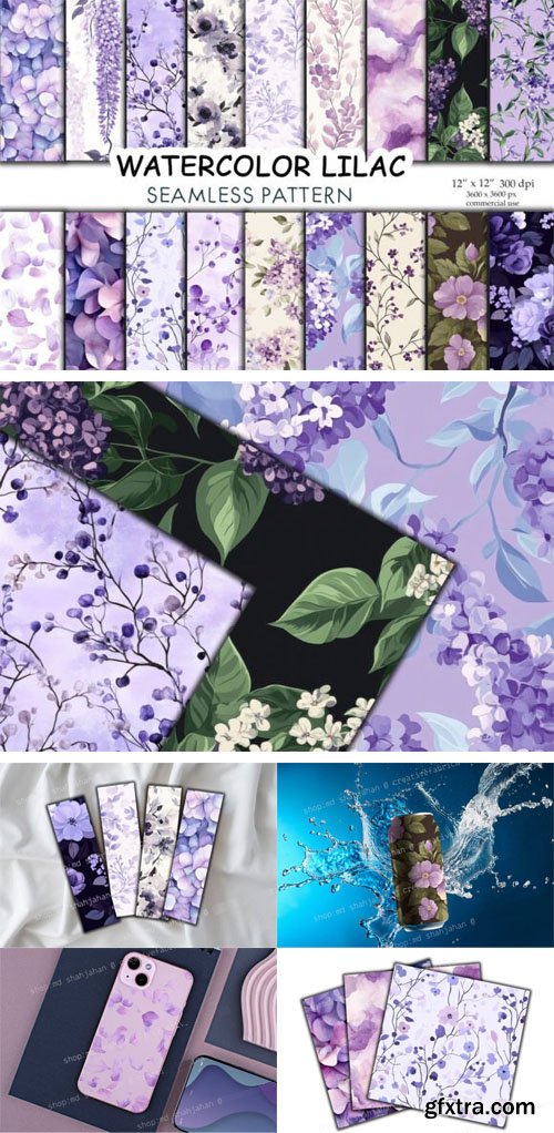 20 Watercolor Lilac Flower Seamless Patterns
