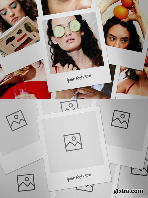 Scattered Polaroid Cards PSD Mockup Template Scattered Polaroid Cards PSD Mockup Template