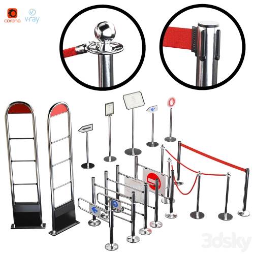 '3dsky Pro - Entrance system, fencing turnstiles / Barriers fencing. Ropes and ribbon. Information plate sign. Crowd control'