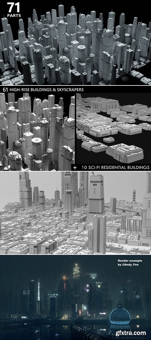 Artstation - [Bundle] 71 Sci-Fi Skyscrapers and Residential Buildings Kit - Futuristic CyberPunk