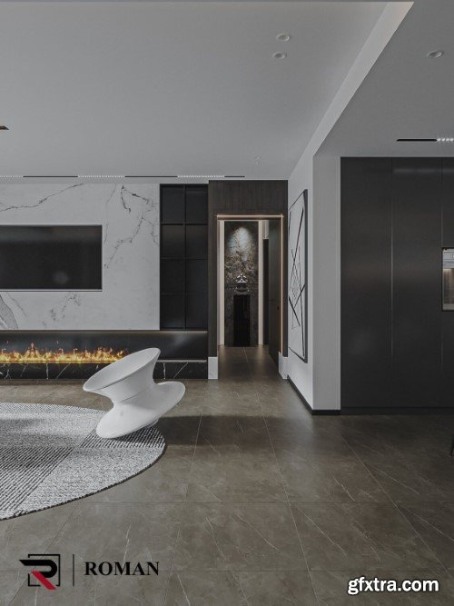 Living Room - Kitchen Interior 3d Scene