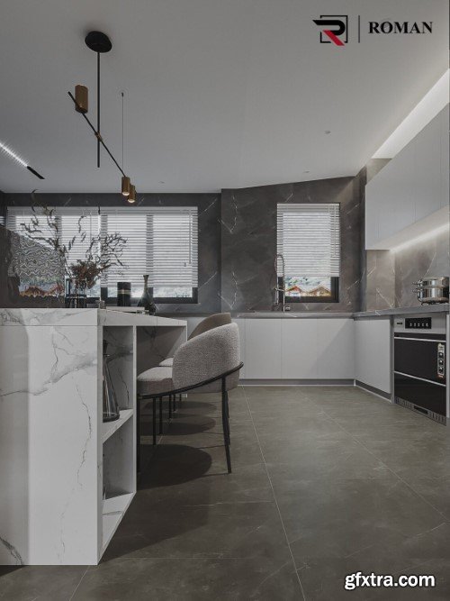 Living Room - Kitchen Interior 3d Scene