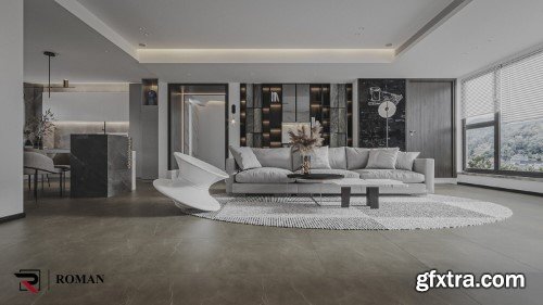 Living Room - Kitchen Interior 3d Scene